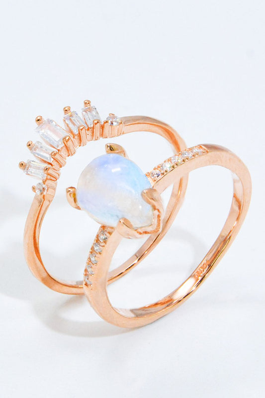 Women’s Natural Moonstone and Zircon 18K Rose Gold-Plated Two-Piece Ring Set