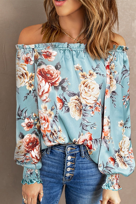 Women’s Floral Frill Trim Off-Shoulder Lantern Sleeve Blouse