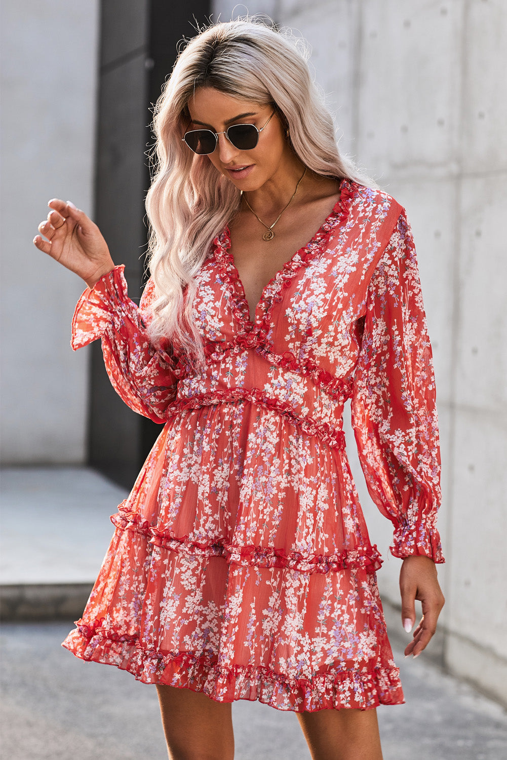 Women’s Floral Frill Trim Plunge Flounce Sleeve Dress