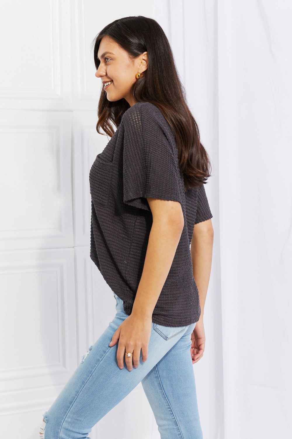 Women’s Zenana Full Size Spring It On Keyhole Jacquard Sweater in Gray