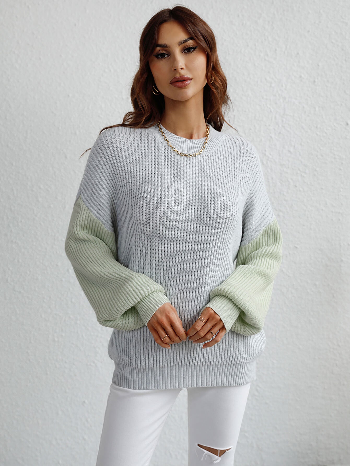 Women’s Two-Tone Rib-Knit Dropped Shoulder Sweater