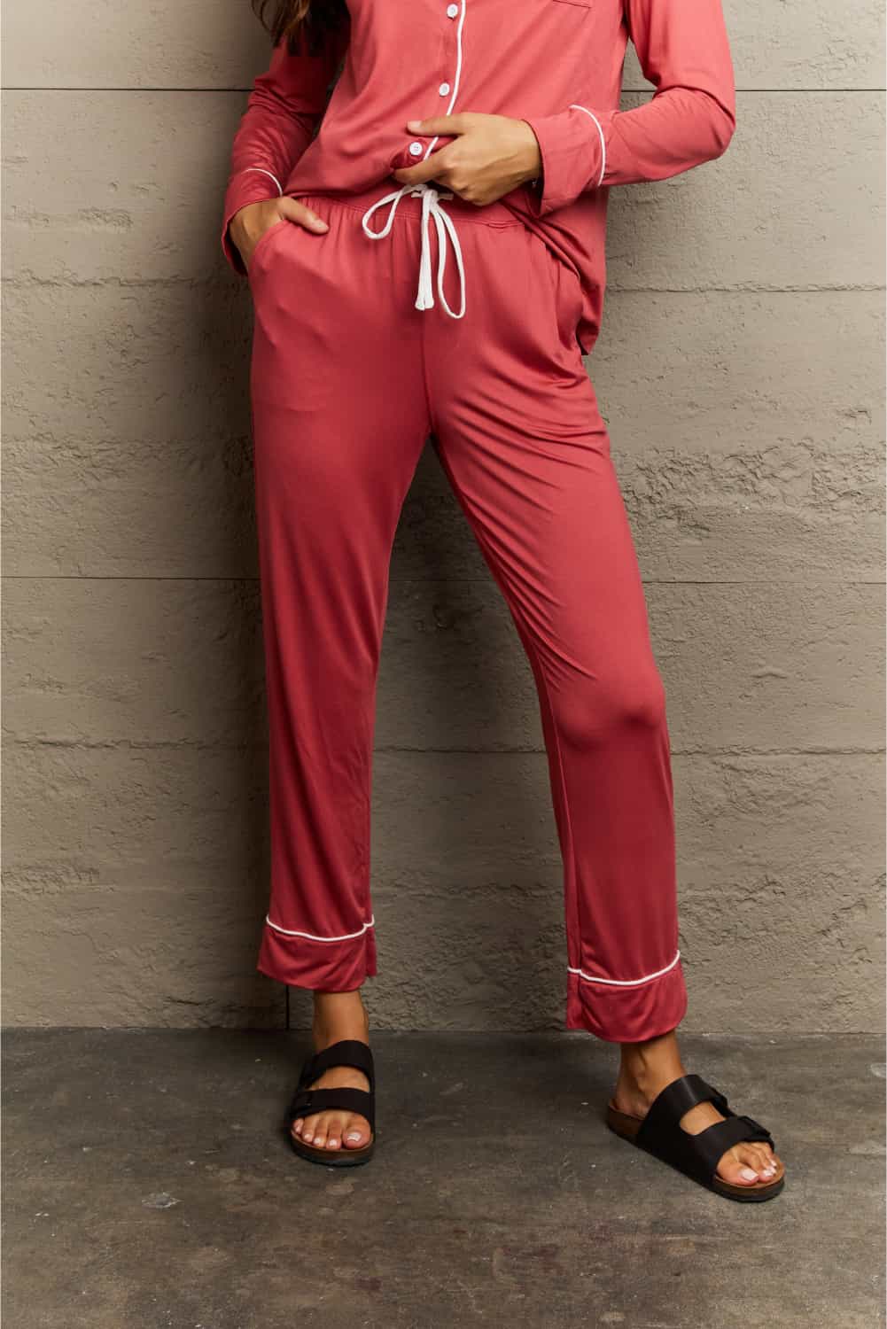 Women’s Ninexis Buttoned Collared Neck Top and Pants Pajama Set