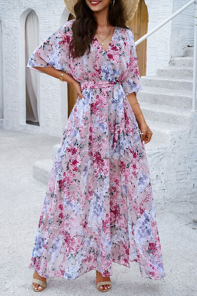 Women’s Printed Tied Half Sleeve Slit Dress