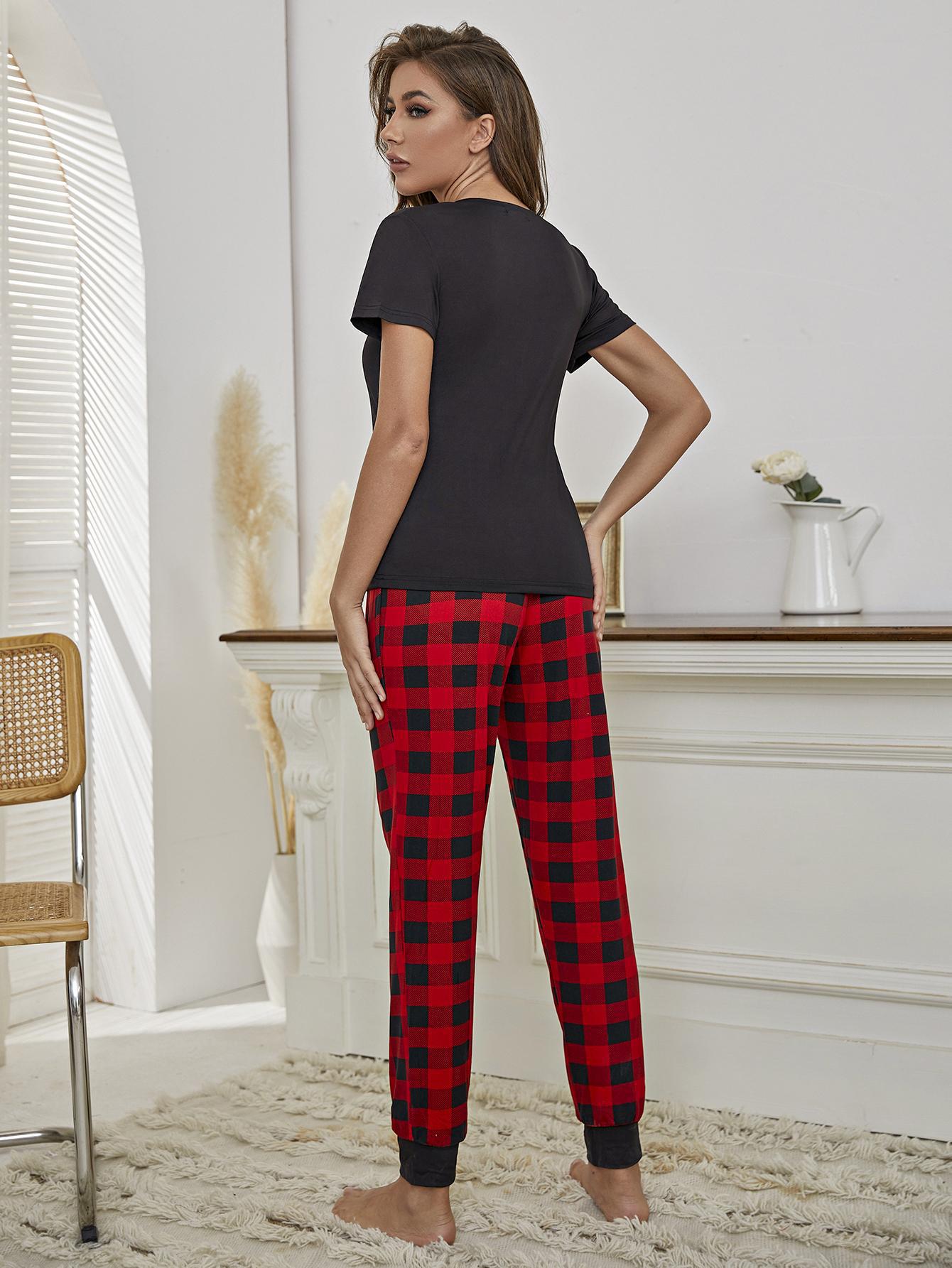 Women’s Heart Graphic Tee and Plaid Joggers Lounge Set