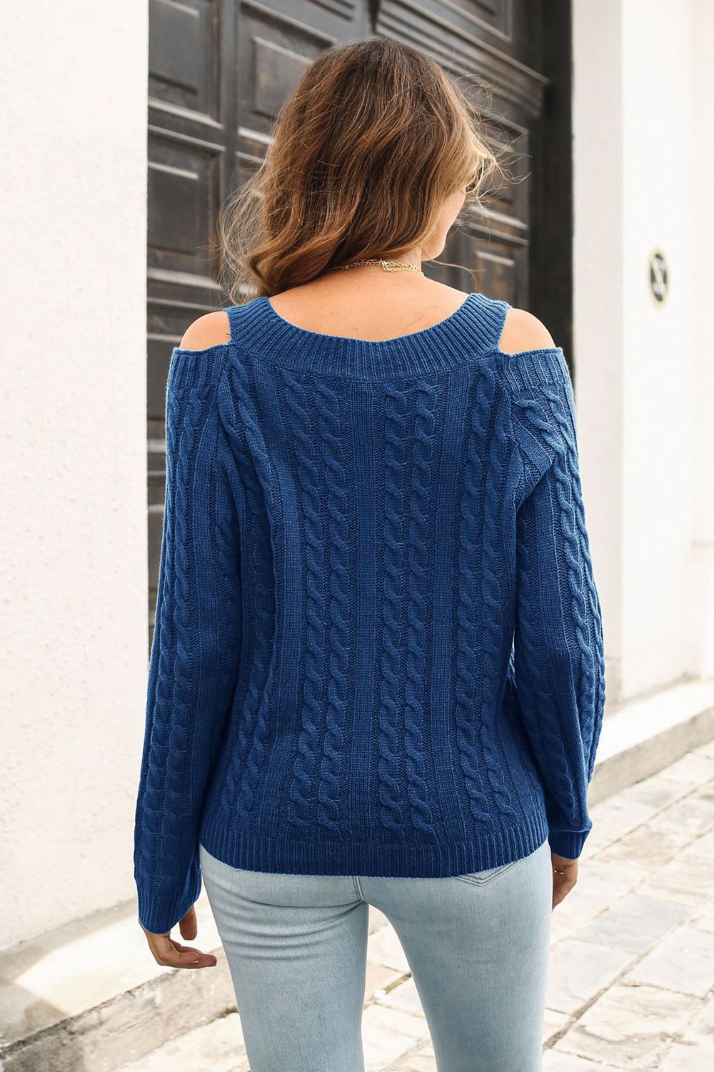 Women’s Cold Shoulder V-Neck Cable-Knit Pullover Sweater