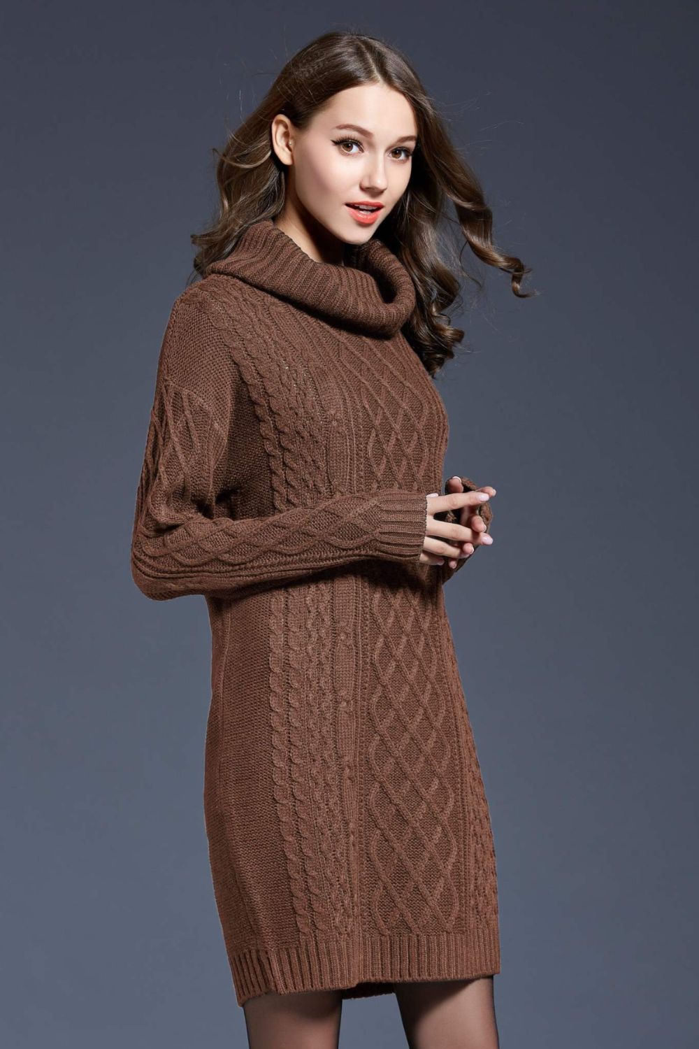 Women’s Full Size Mixed Knit Cowl Neck Dropped Shoulder Sweater Dress
