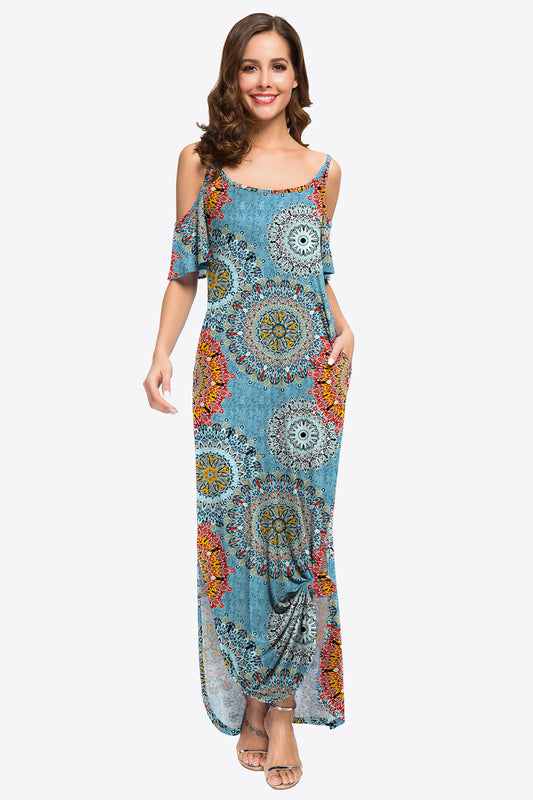 Women’s Slit Scoop Neck Cold-Shoulder Maxi Dress