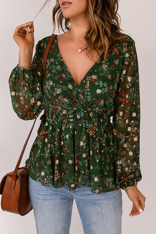 Women’s Floral Surplice Peplum Blouse