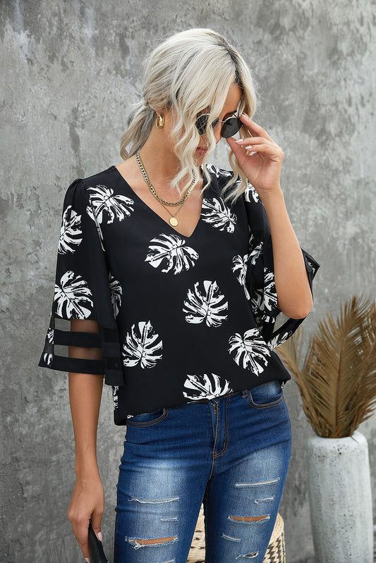 Women’s Botanical Print V-Neck Puff Sleeve Blouse