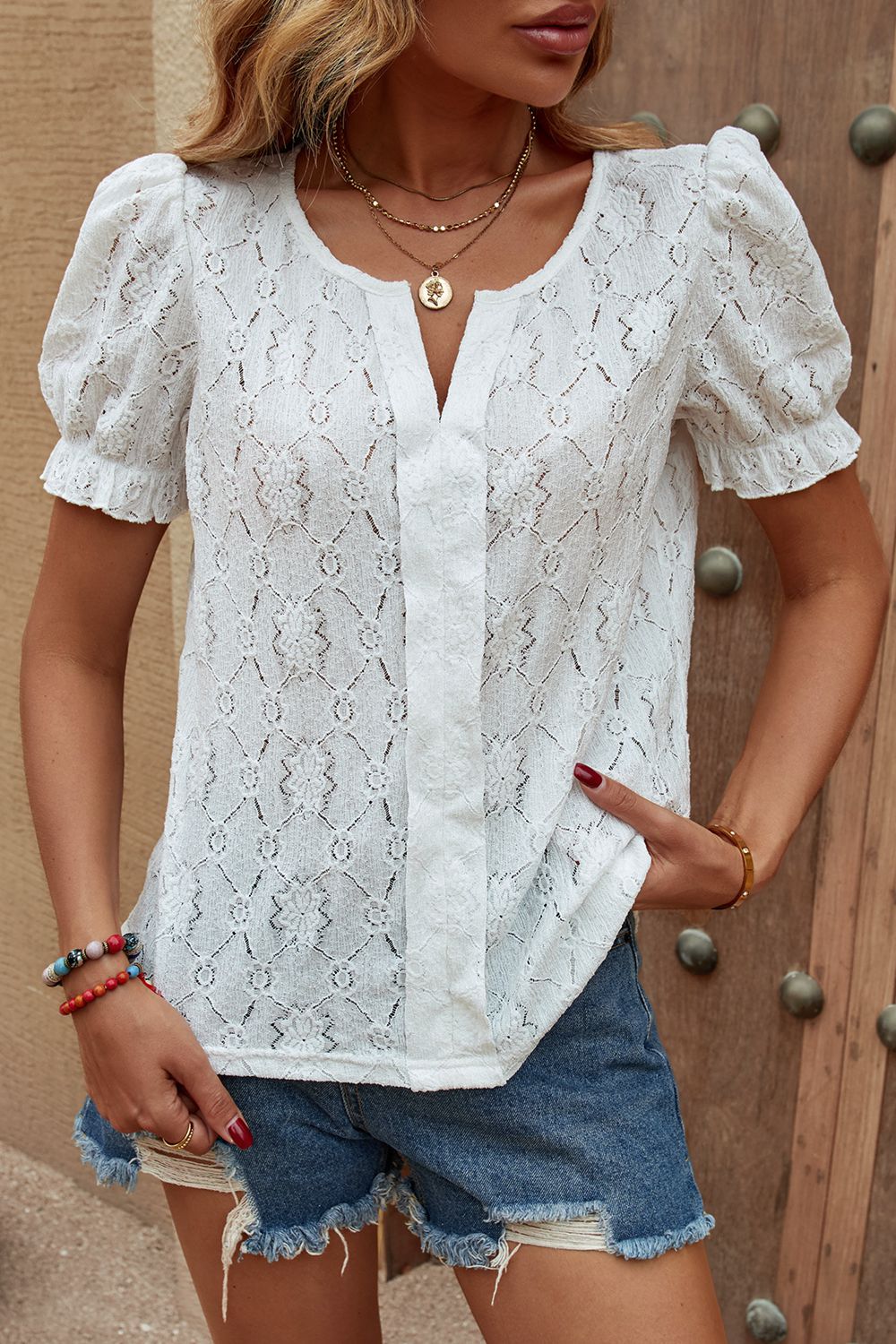 Women’s Notched Neck Puff Sleeve Blouse