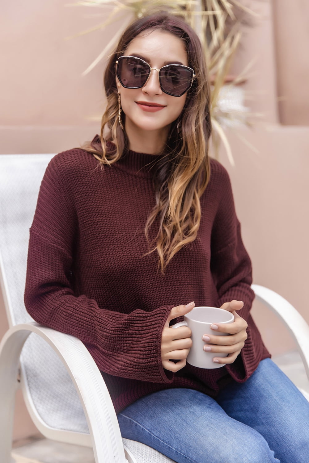 Women’s Round Neck Cutout Dropped Shoulder Sweater