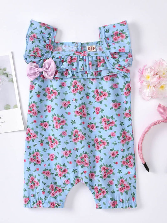 Children’s Girls Printed Bow Detail Square Neck Romper