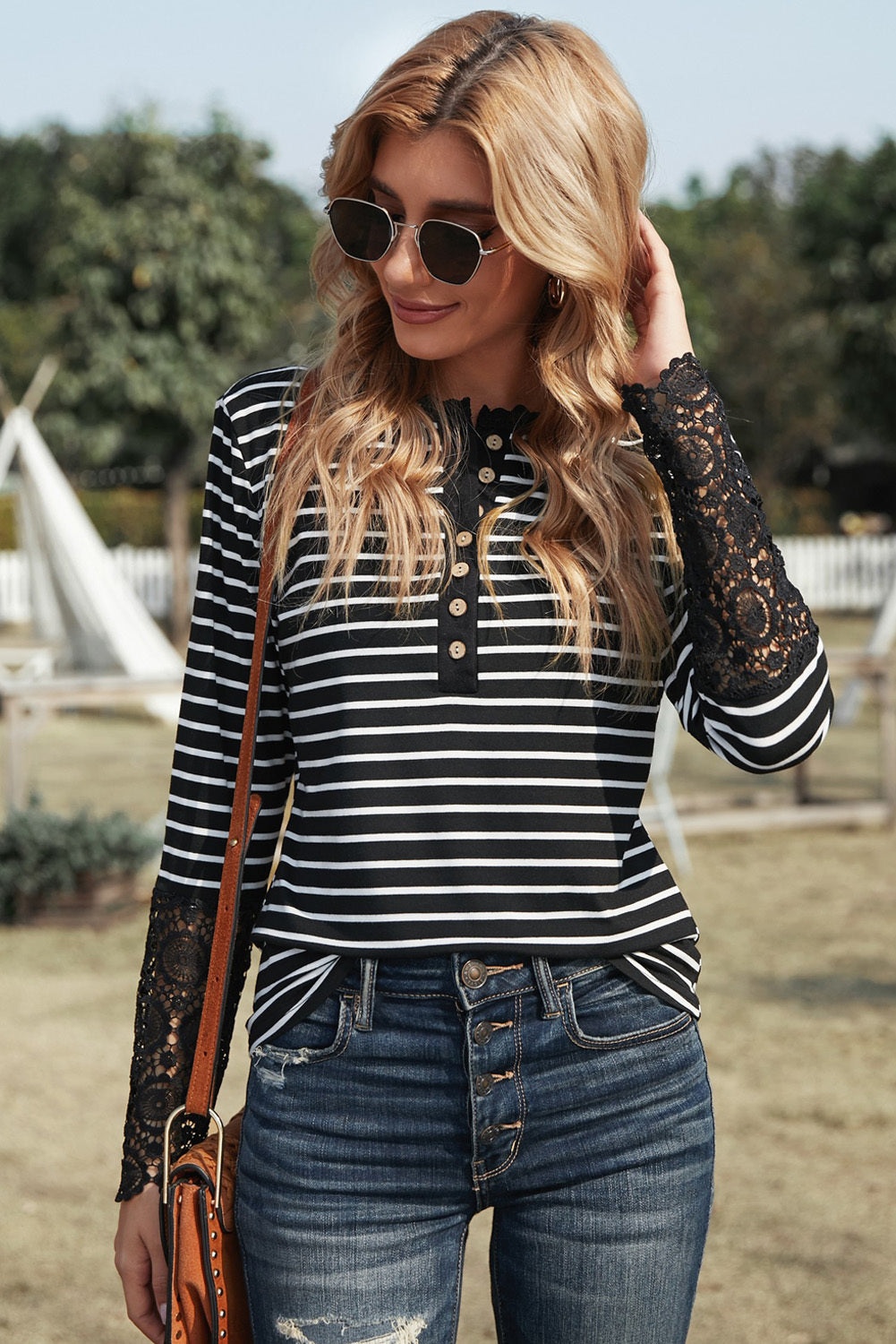 Women’s Striped Button-Up Lace Detail Long Sleeve Blouse