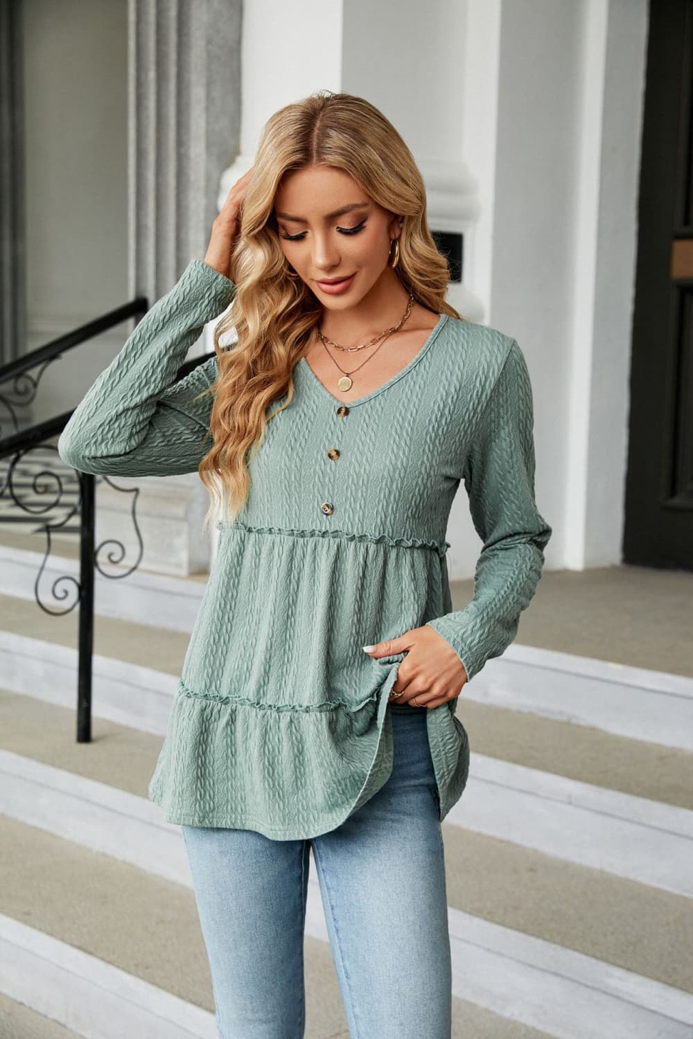 Women’s Long Sleeve V-Neck Cable-Knit Blouse