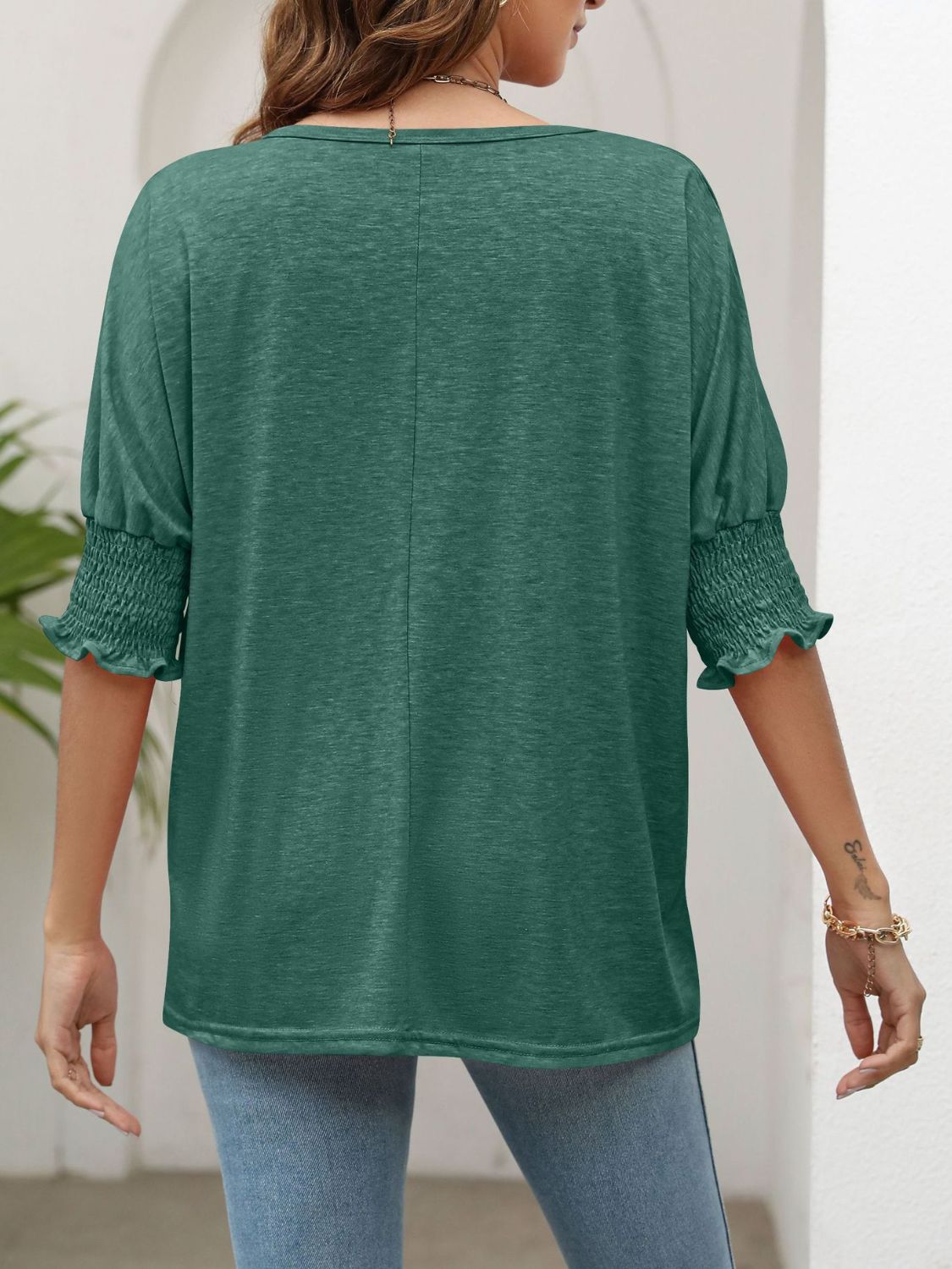 Women’s Smocked Flounce Sleeve Round Neck T-Shirt