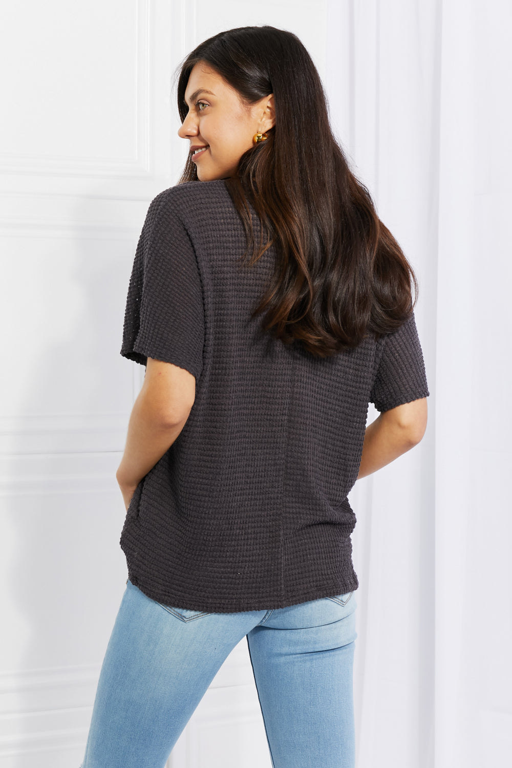 Women’s Zenana Full Size Spring It On Keyhole Jacquard Sweater in Gray