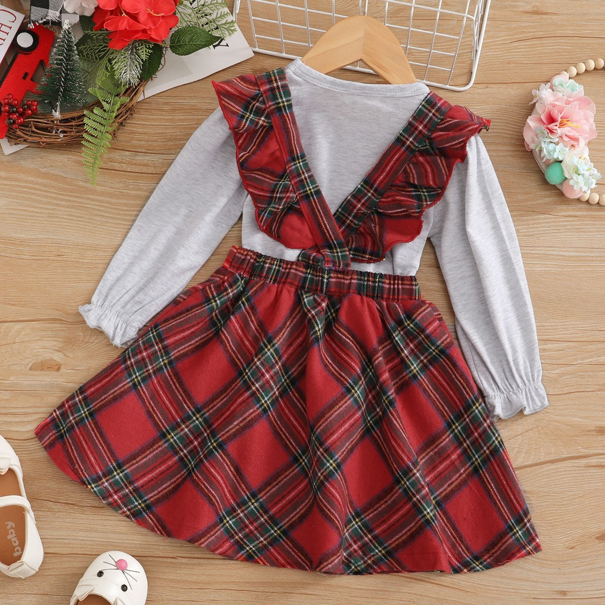 Children’s Girls Graphic Top and Plaid Overall Skirt Set