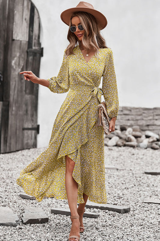 Women’s Floral Surplice Neck Long Sleeve Dress