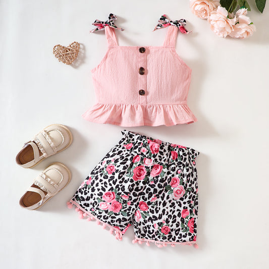 Children’s Girls Decorative Button Ruffled Tank and Leopard Floral Shorts Set