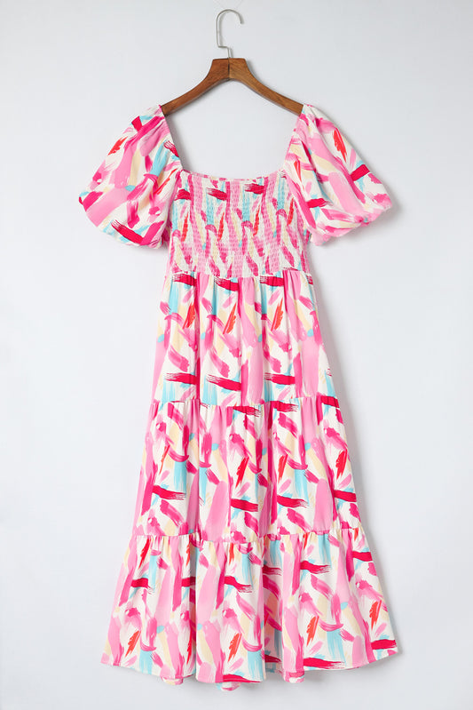 Women’s Printed Square Neck Tied Smocked Dress