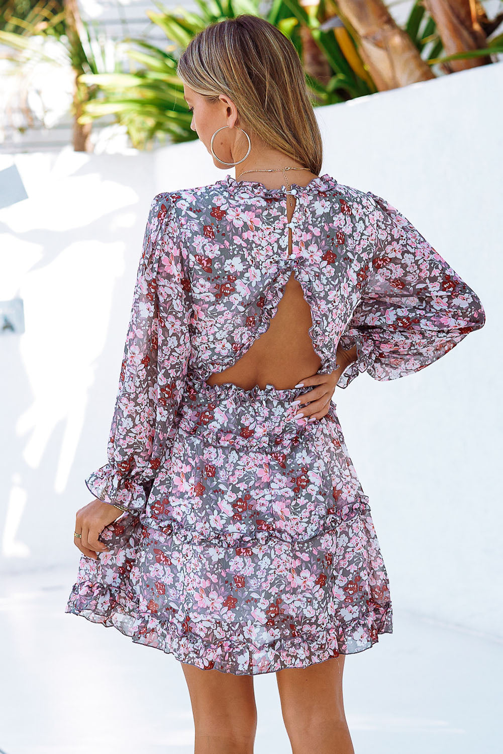 Women’s Floral Frill Trim Plunge Flounce Sleeve Dress