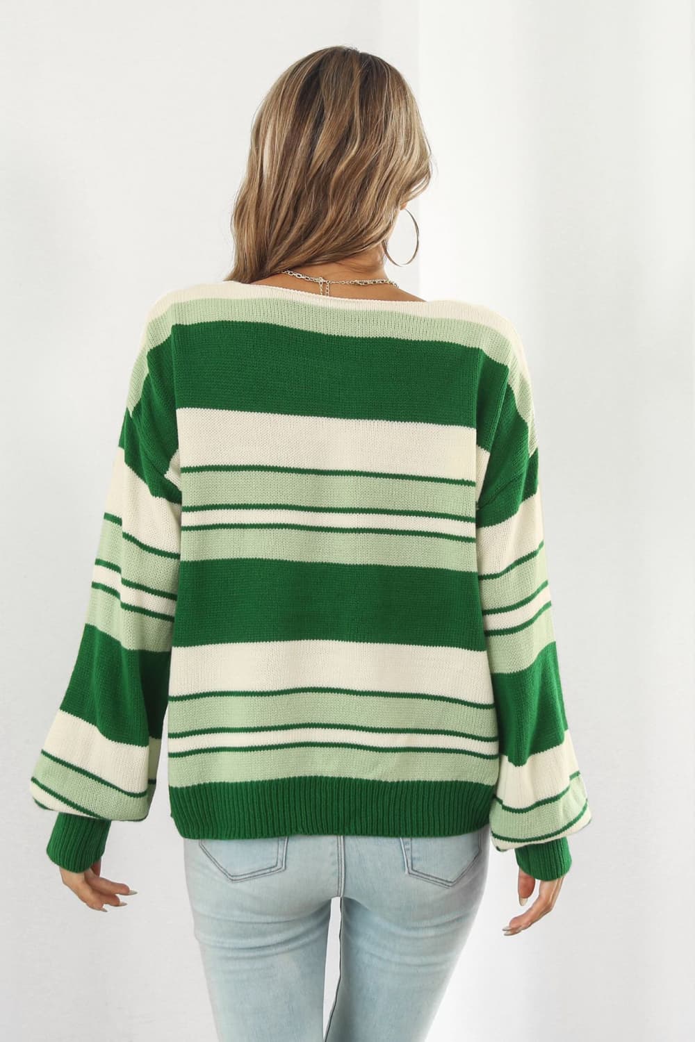 Women’s Striped V-Neck Dropped Shoulder Sweater