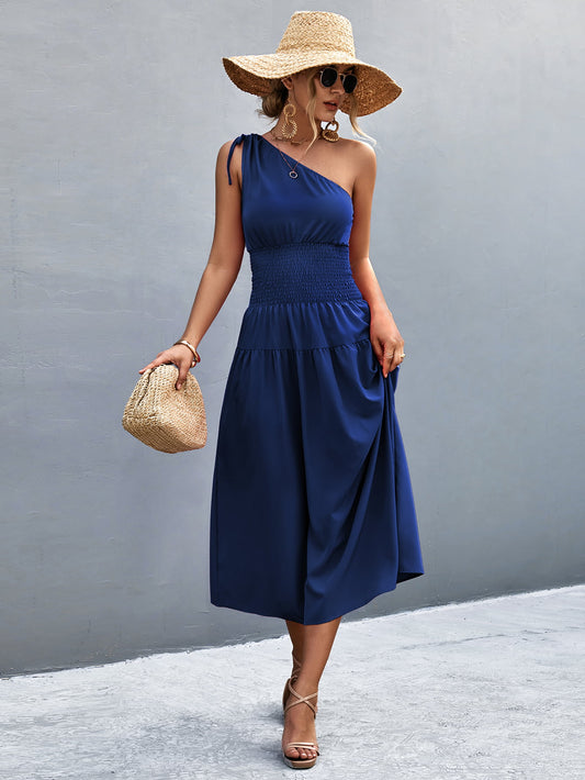 Women’s Asymmetrical One Shoulder Smocked Waist Midi Dress