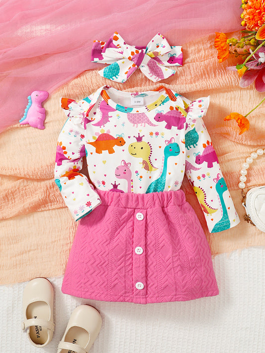Children’s Girls Cute Dinosaur Pattern Top and Buttoned Skirt Set