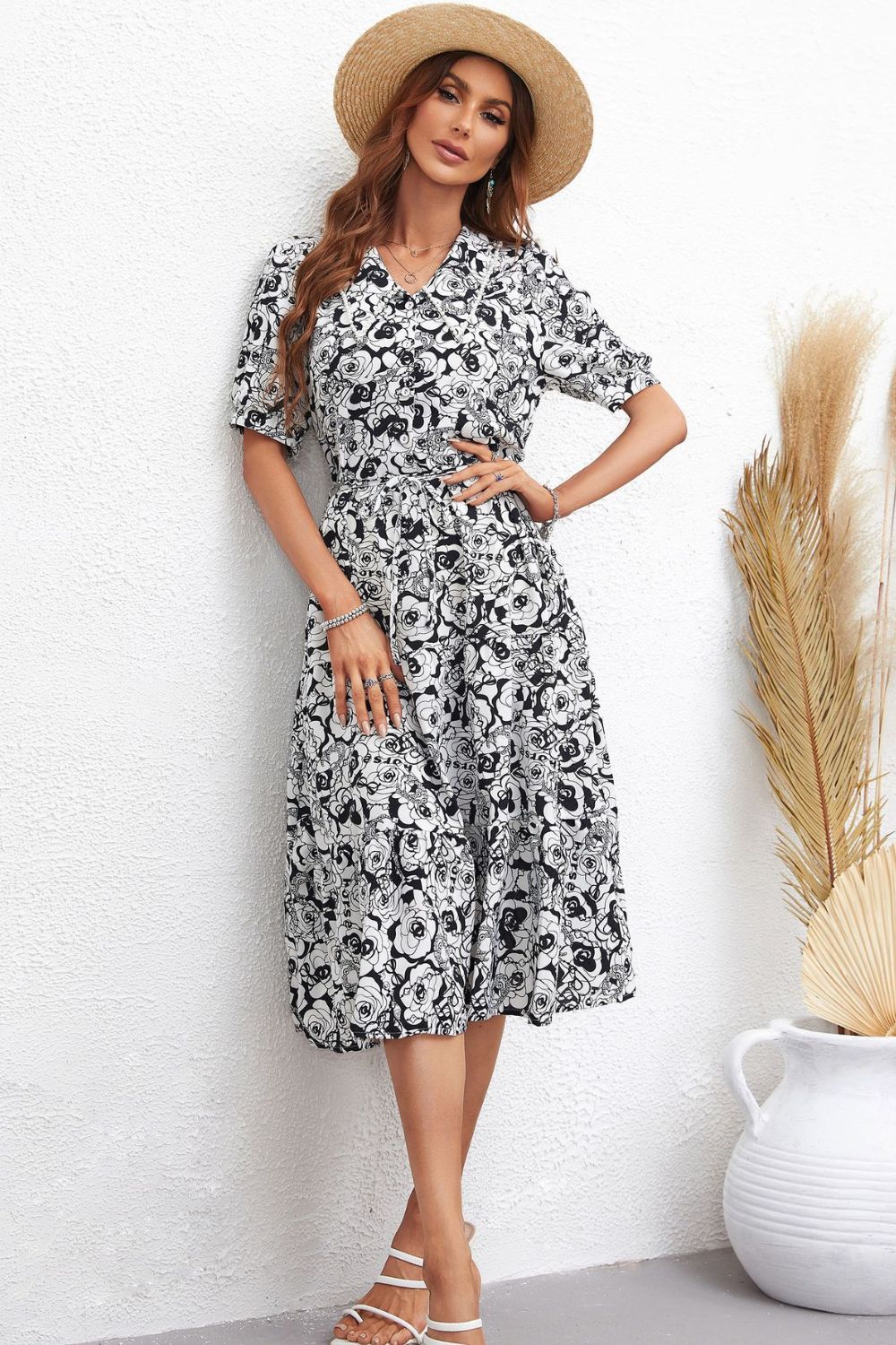 Women’s Floral Collared Neck Puff Sleeve Midi Dress