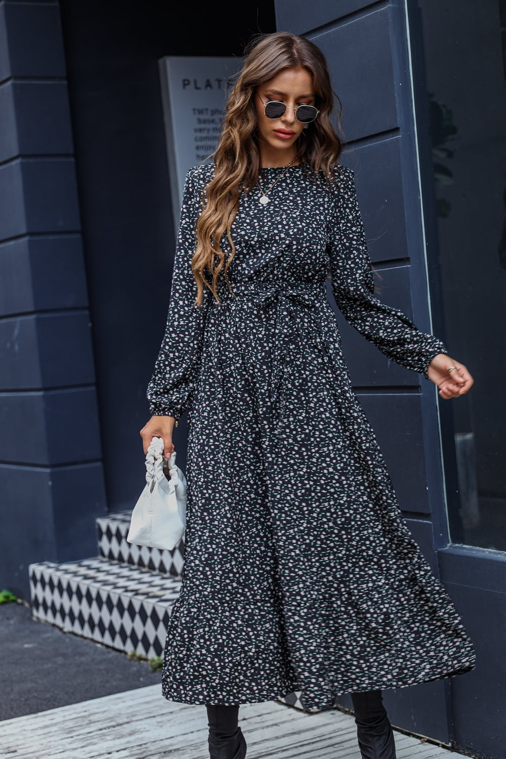 Women’s Printed Round Neck Long Sleeve Midi Dress