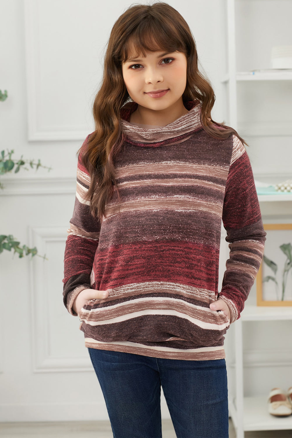 Children’s Girls Striped Cowl Neck Top with Pockets