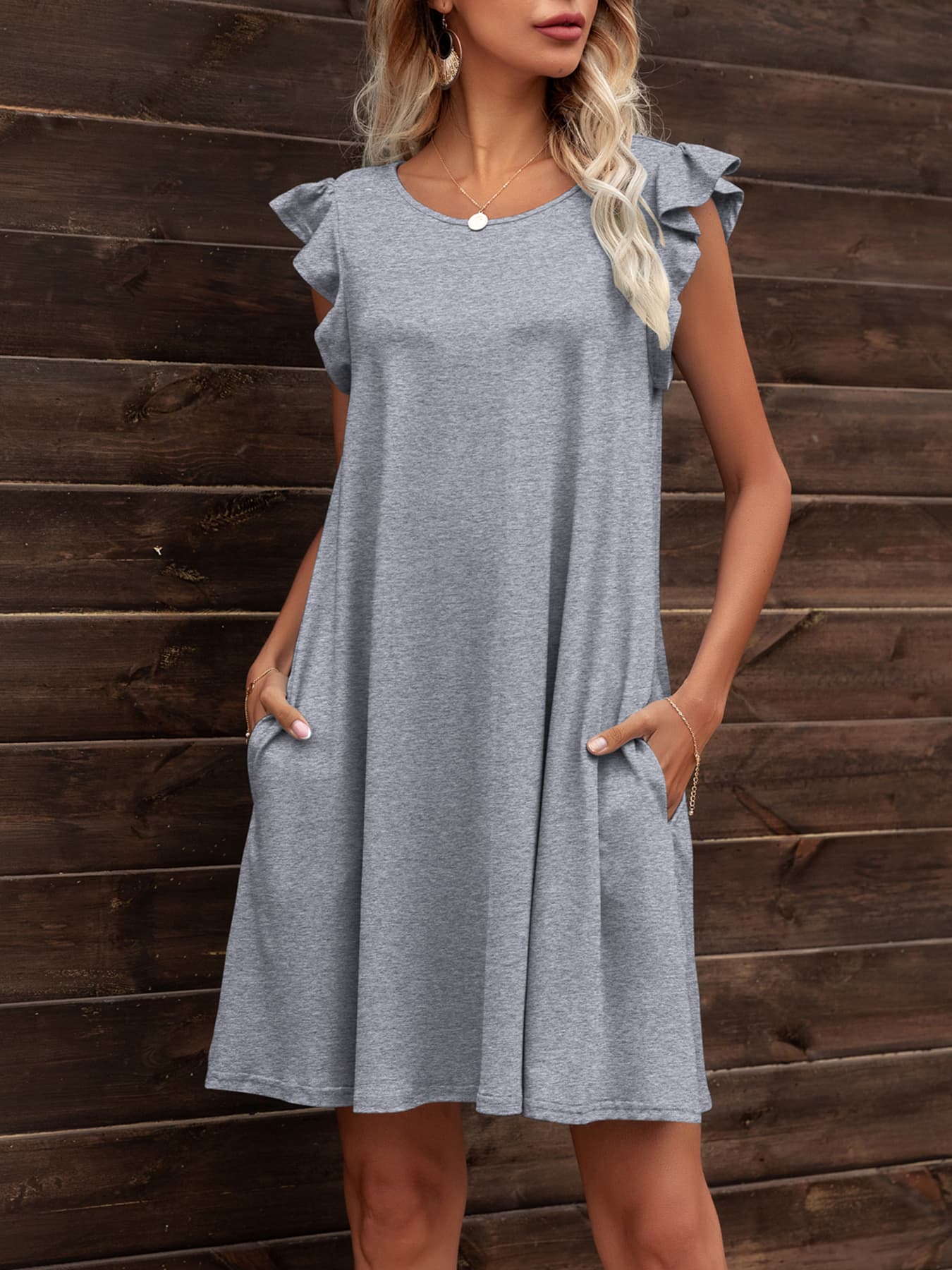 Women’s Round Neck Flutter Sleeve Dress with Pockets