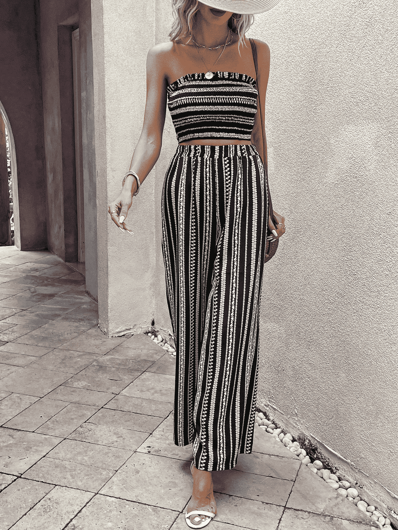 Women’s Raw Hem Straight Neck Cropped Top and Long Pants Set