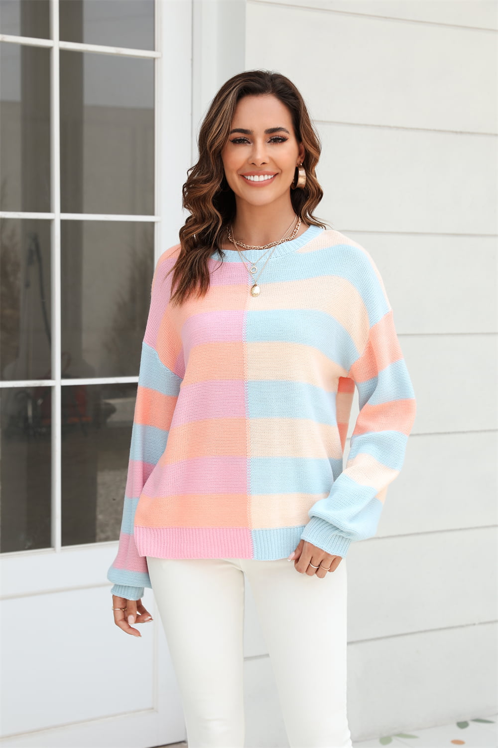 Women’s Round Neck Long Sleeve Color Block Dropped Shoulder Pullover Sweater