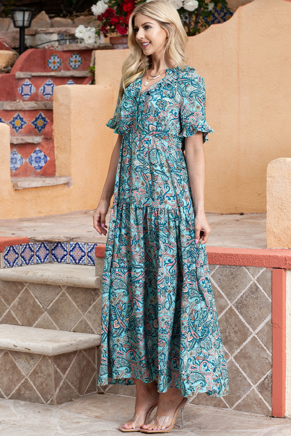 Women’s Paisley Print Flounce Sleeve Maxi Dress