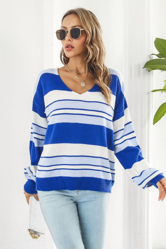 Women’s Striped V-Neck Dropped Shoulder Sweater