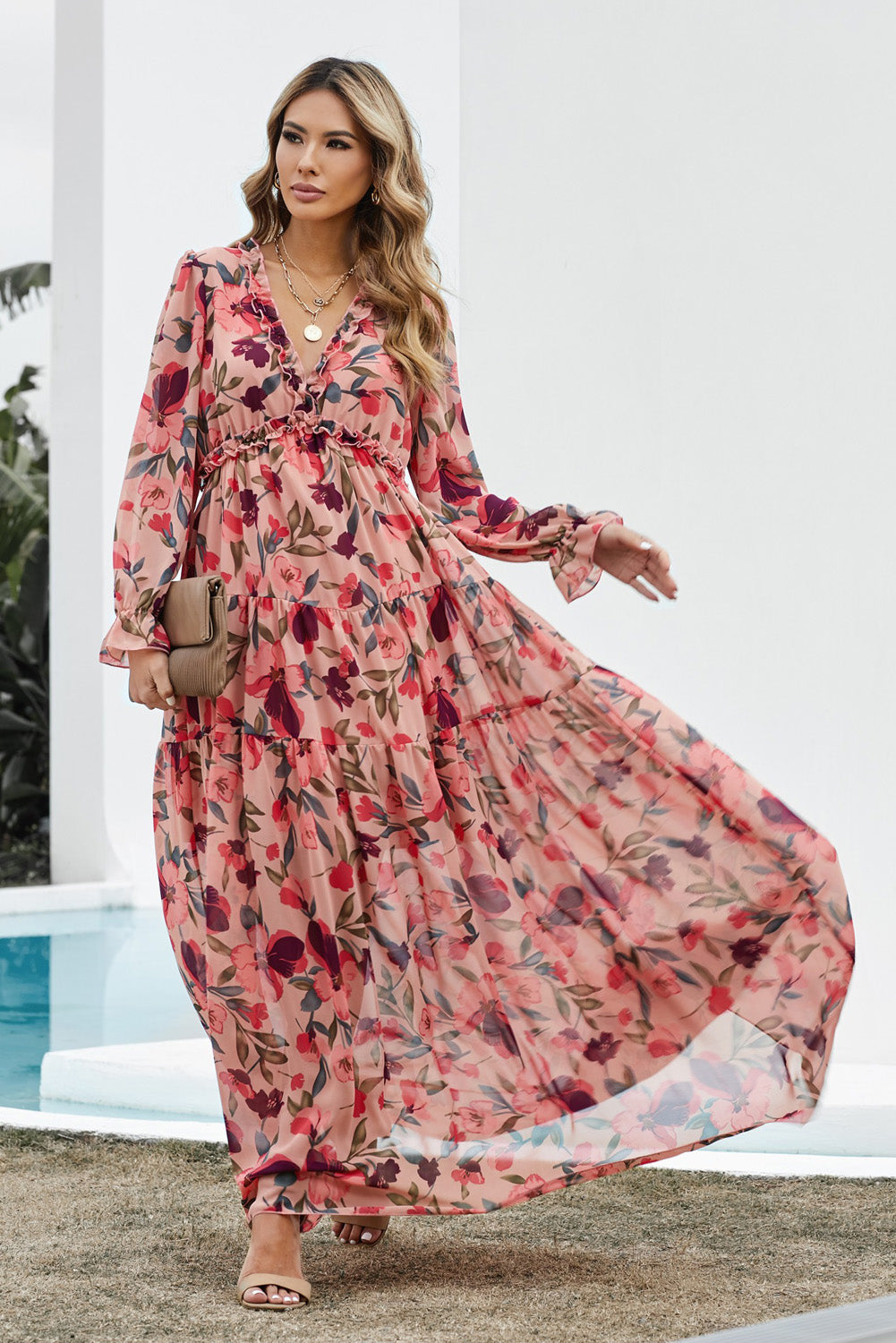 Women’s Floral Frill Trim Flounce Sleeve Plunge Maxi Dress