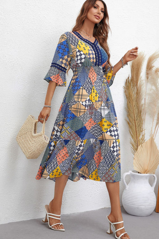 Women’s Patchwork V-Neck Tiered Midi Dress