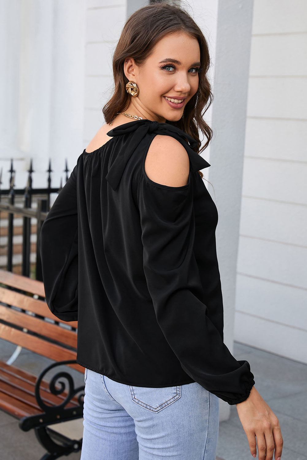 Women’s Tied Asymmetrical Neck Cold-Shoulder Blouse