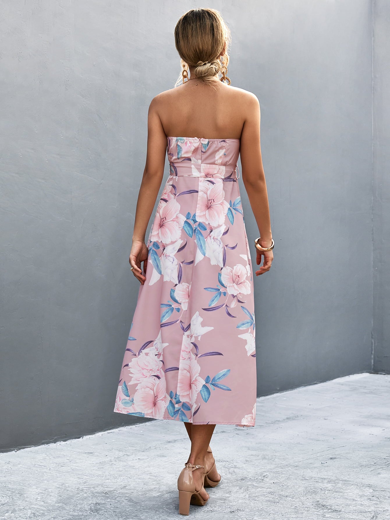 Women’s Floral Print Tie Waist Straight Neck Midi Dress