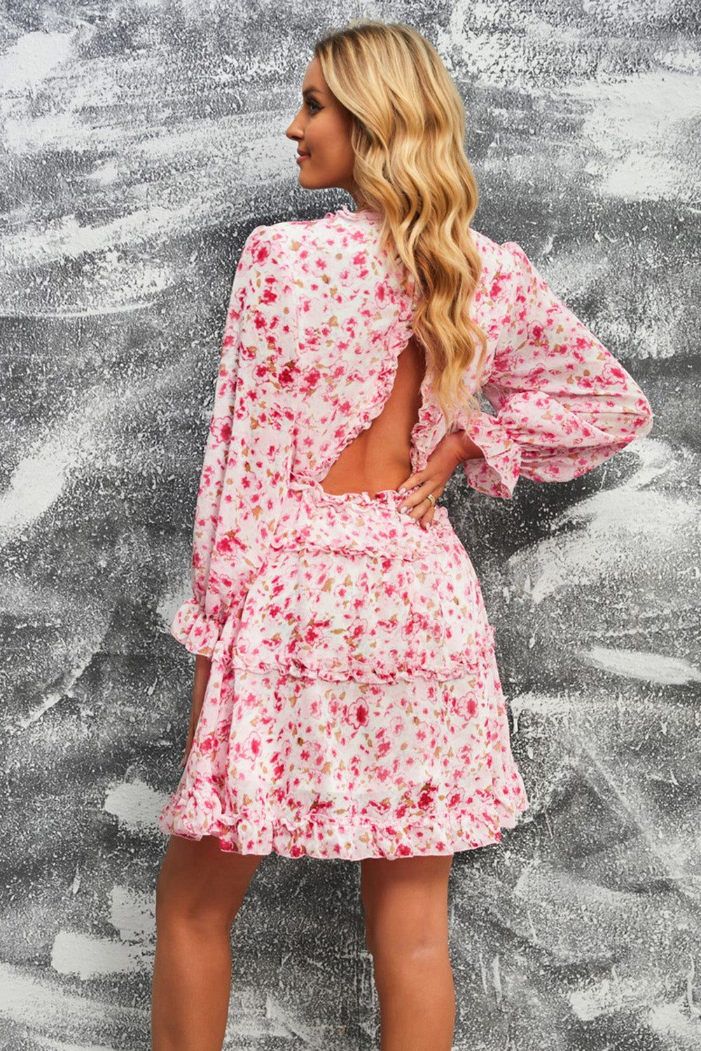 Women’s Floral Frill Trim Plunge Flounce Sleeve Dress