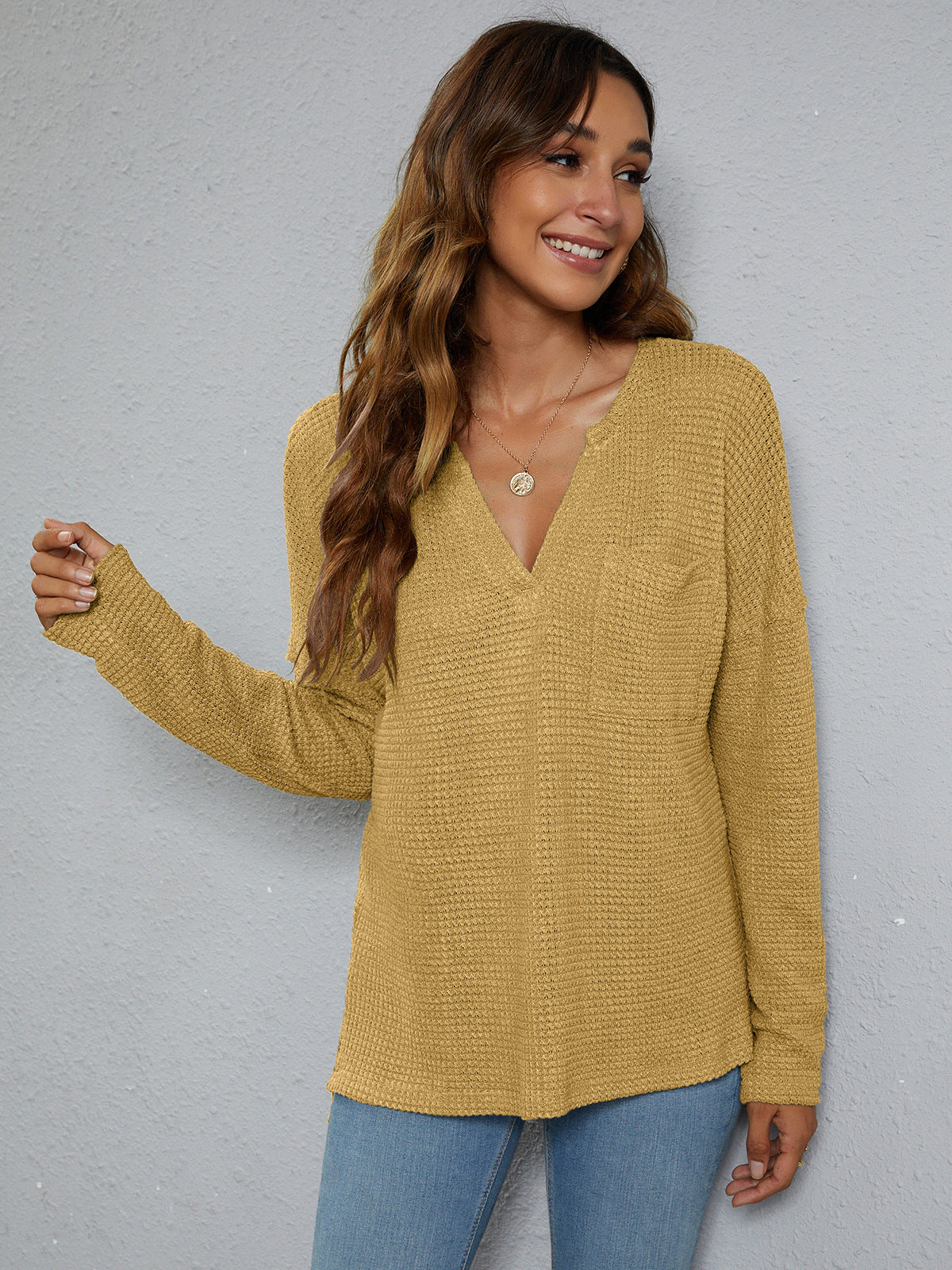 Women’s Dropped Shoulder High-Low Waffle-Knit Top