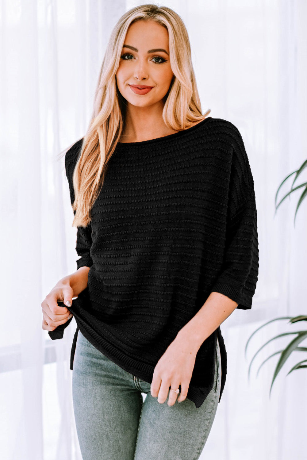Women’s Round Neck Dropped Shoulder Side Slit Pullover Sweater