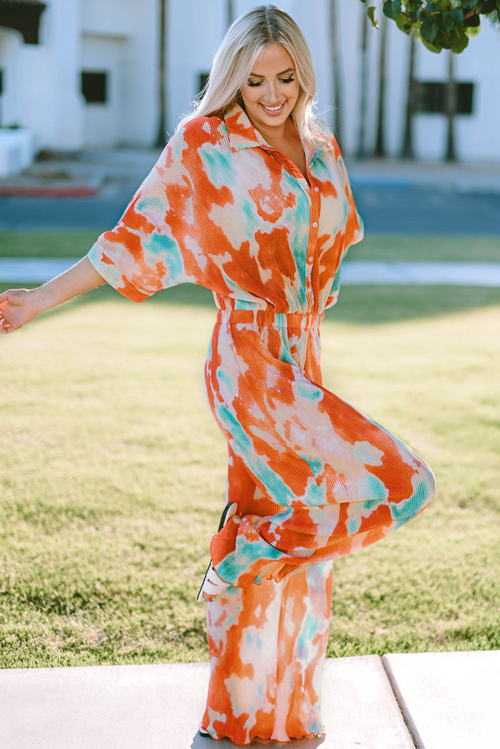 Women’s Tie-Dye Collared Wide Leg Jumpsuit