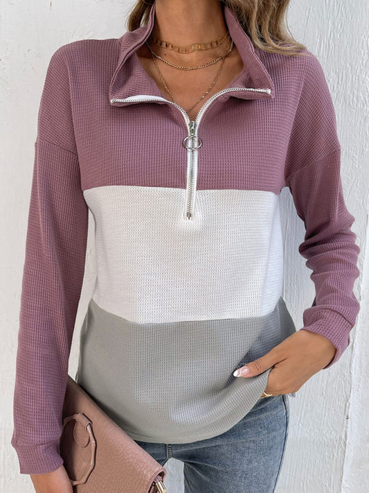 Women’s Color Block Dropped Shoulder Waffle-knit Zipper Front Blouse