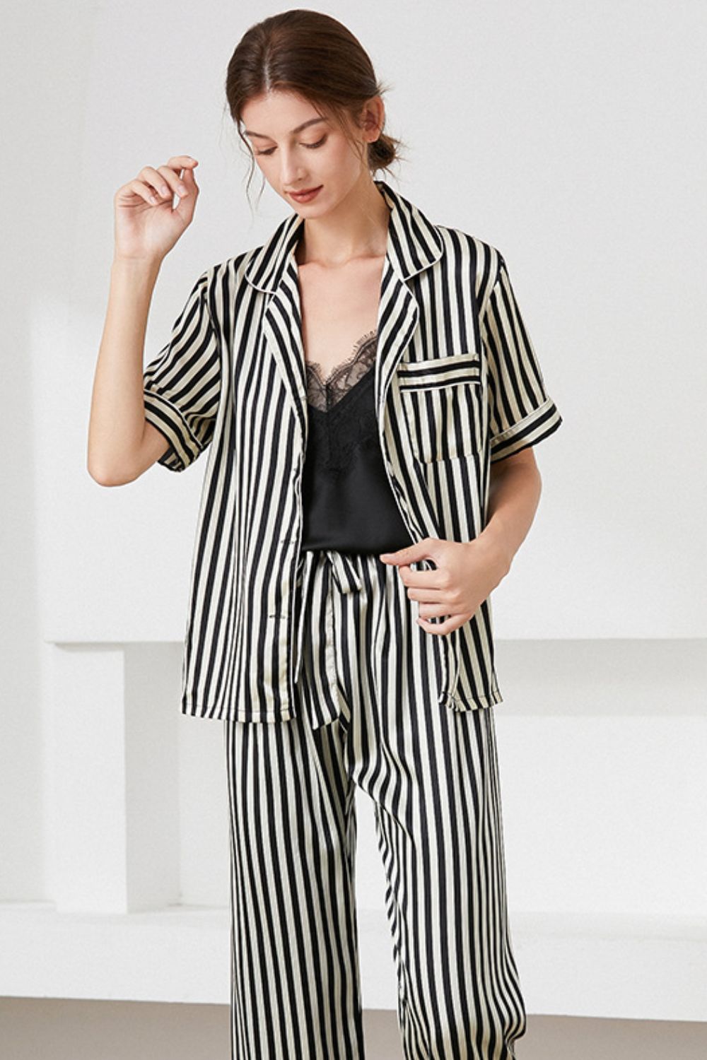 Women’s Striped Short Sleeve Shirt, Pants, and Cami Pajama Set