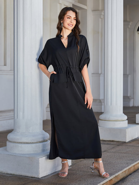 Women’s High Slit Roll-tab Sleeve Notched Neck Maxi Dress