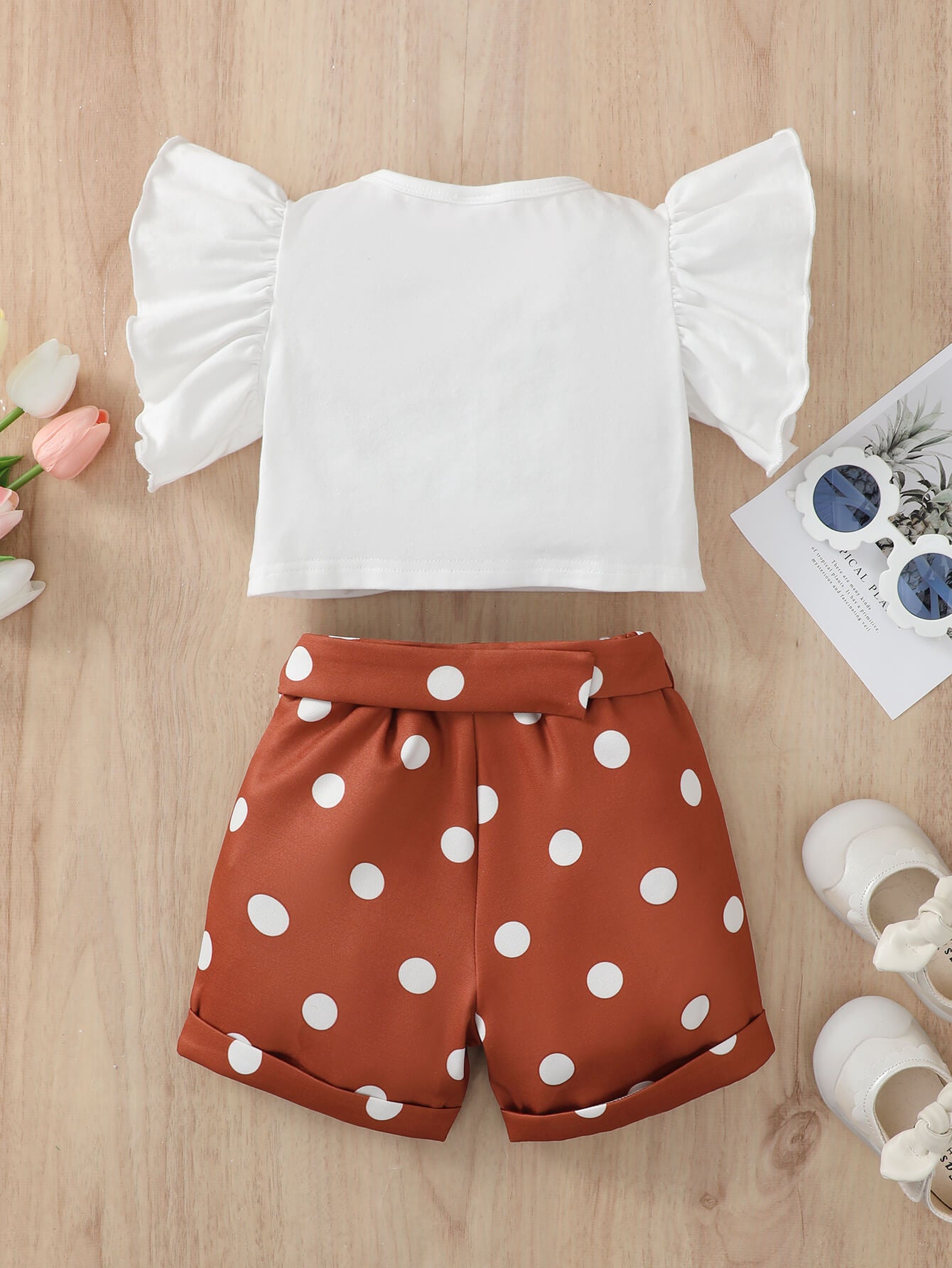 Children’s Girls Graphic Butterfly Sleeve Top and Polka Dot Shorts Set