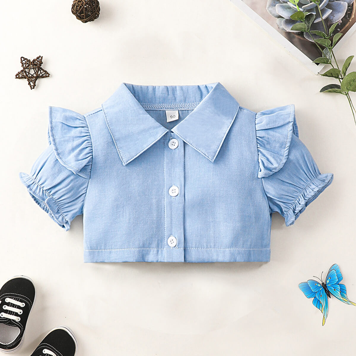 Children’s Girls Ruffle Shoulder Shirt and Butterfly Applique Skirt Set