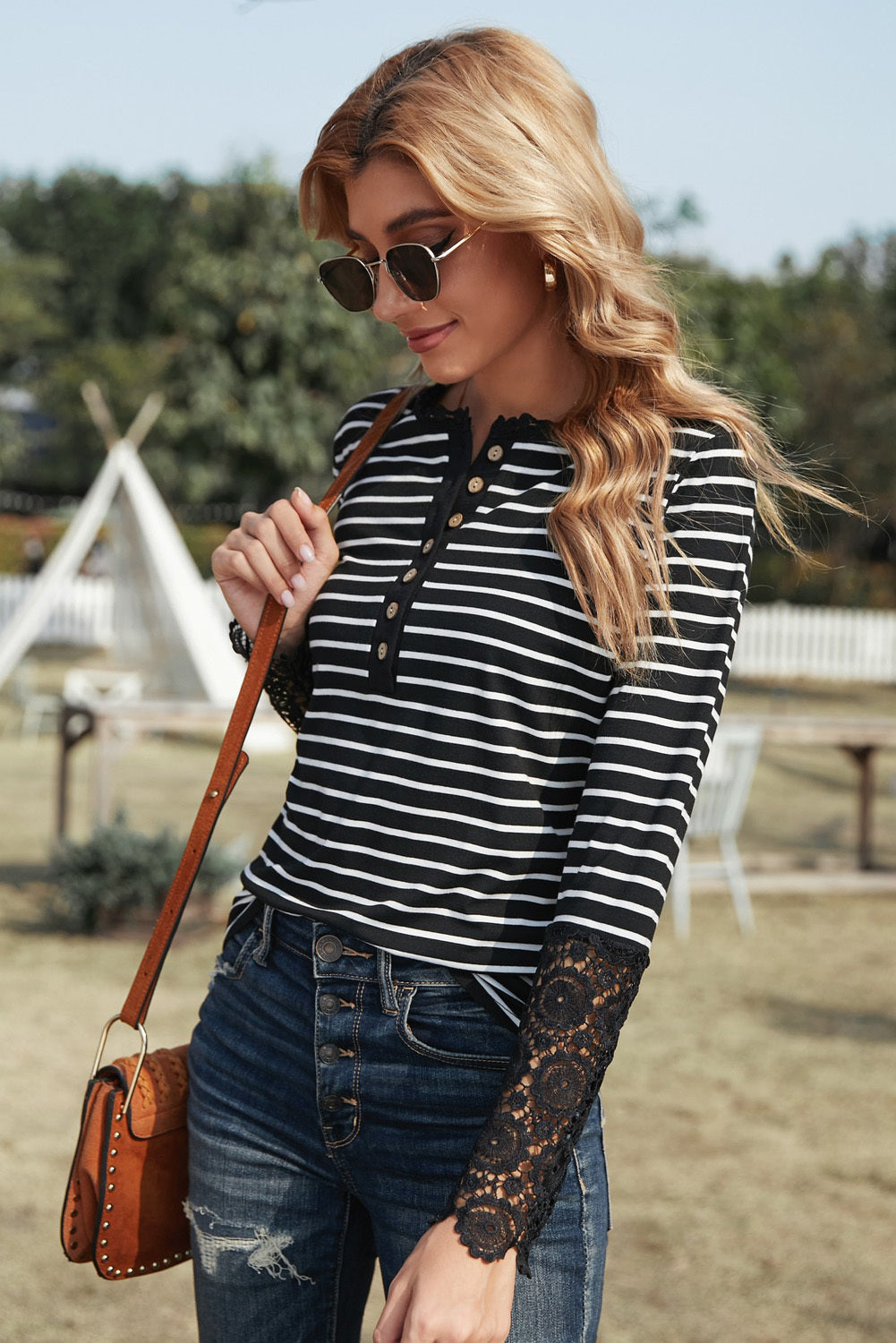 Women’s Striped Button-Up Lace Detail Long Sleeve Blouse